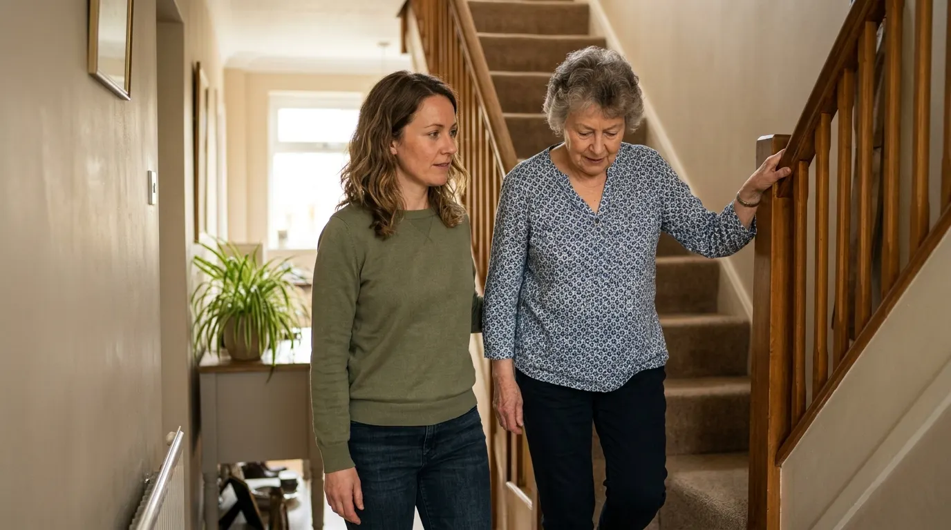 An adult child in their late 30s standing beside their aging parent at the bottom of a home staircase, the parent's hand r...