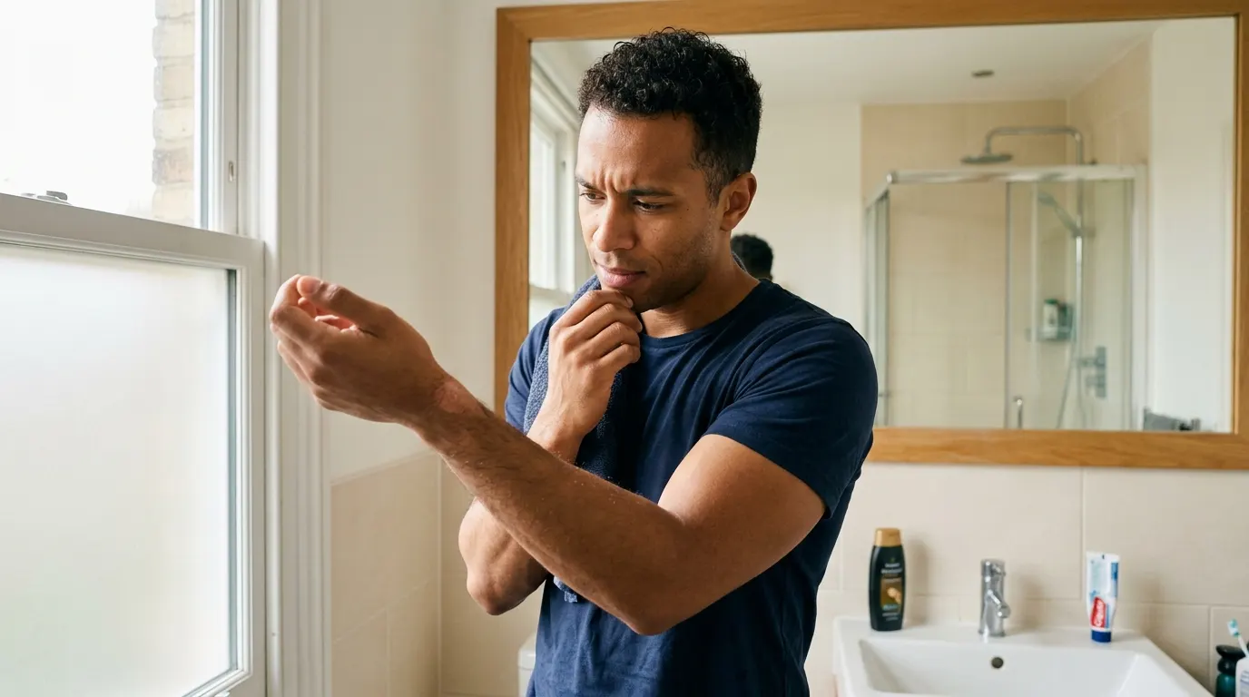 A man in his early thirties, medium-deep skin tone, standing in a modern bathroom post-shower, lifting his forearm toward ...