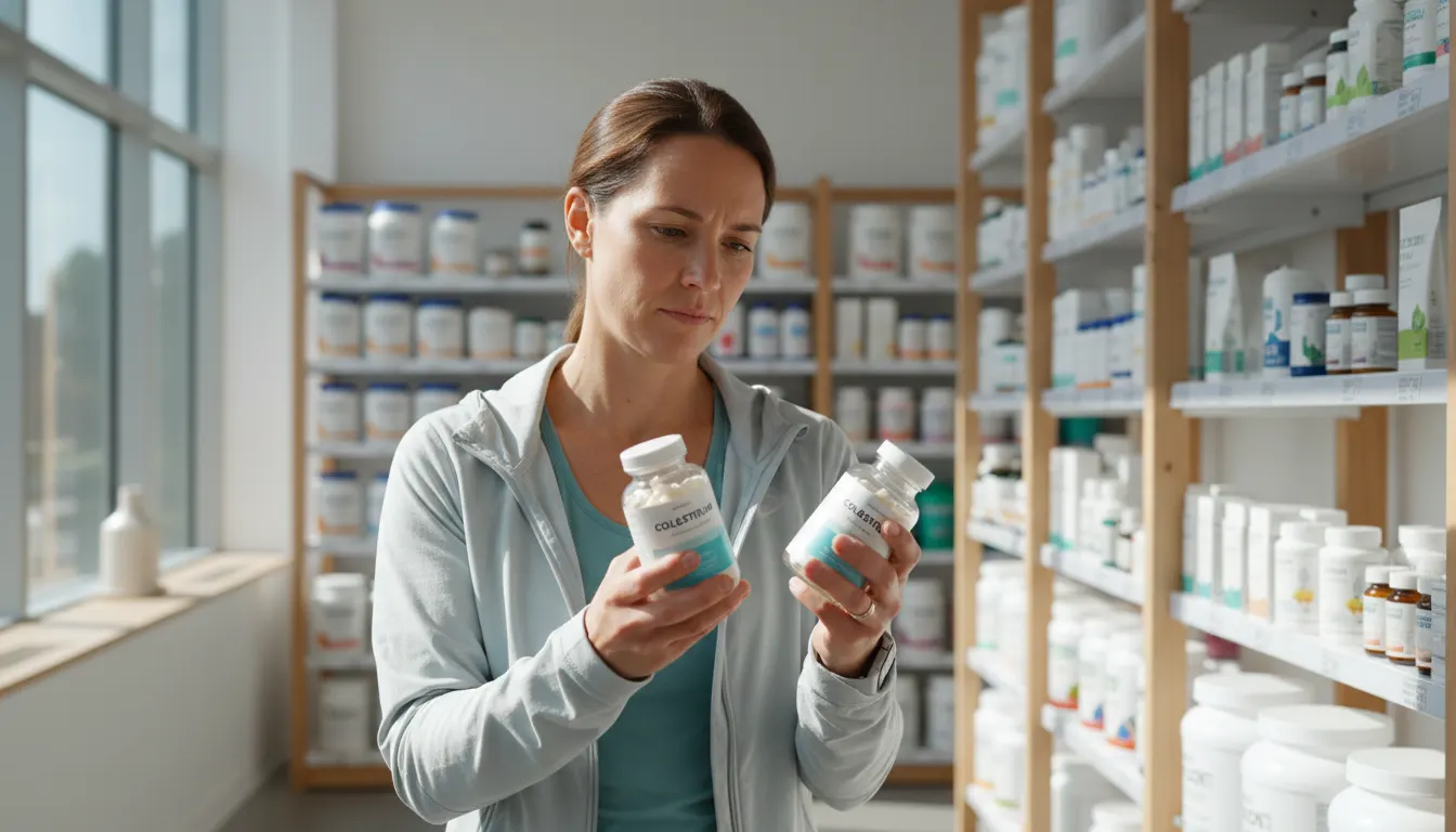 A health-conscious adult standing in a bright, modern supplement aisle, holding two colostrum bottles side-by-side with a ...