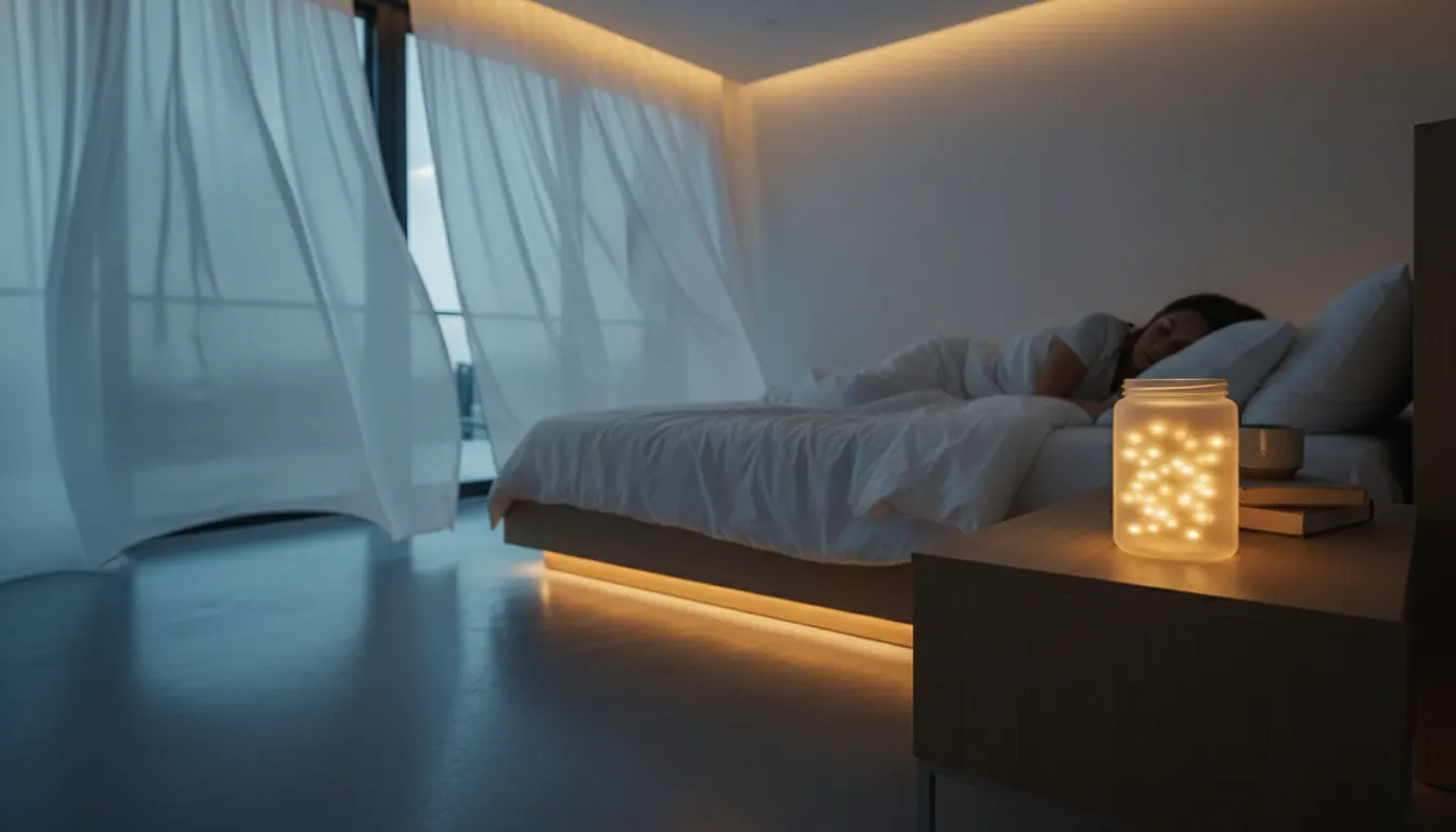 Serene nighttime bedroom scene with soft moonlight filtering through sheer curtains, a minimalist nightstand with a glowin...