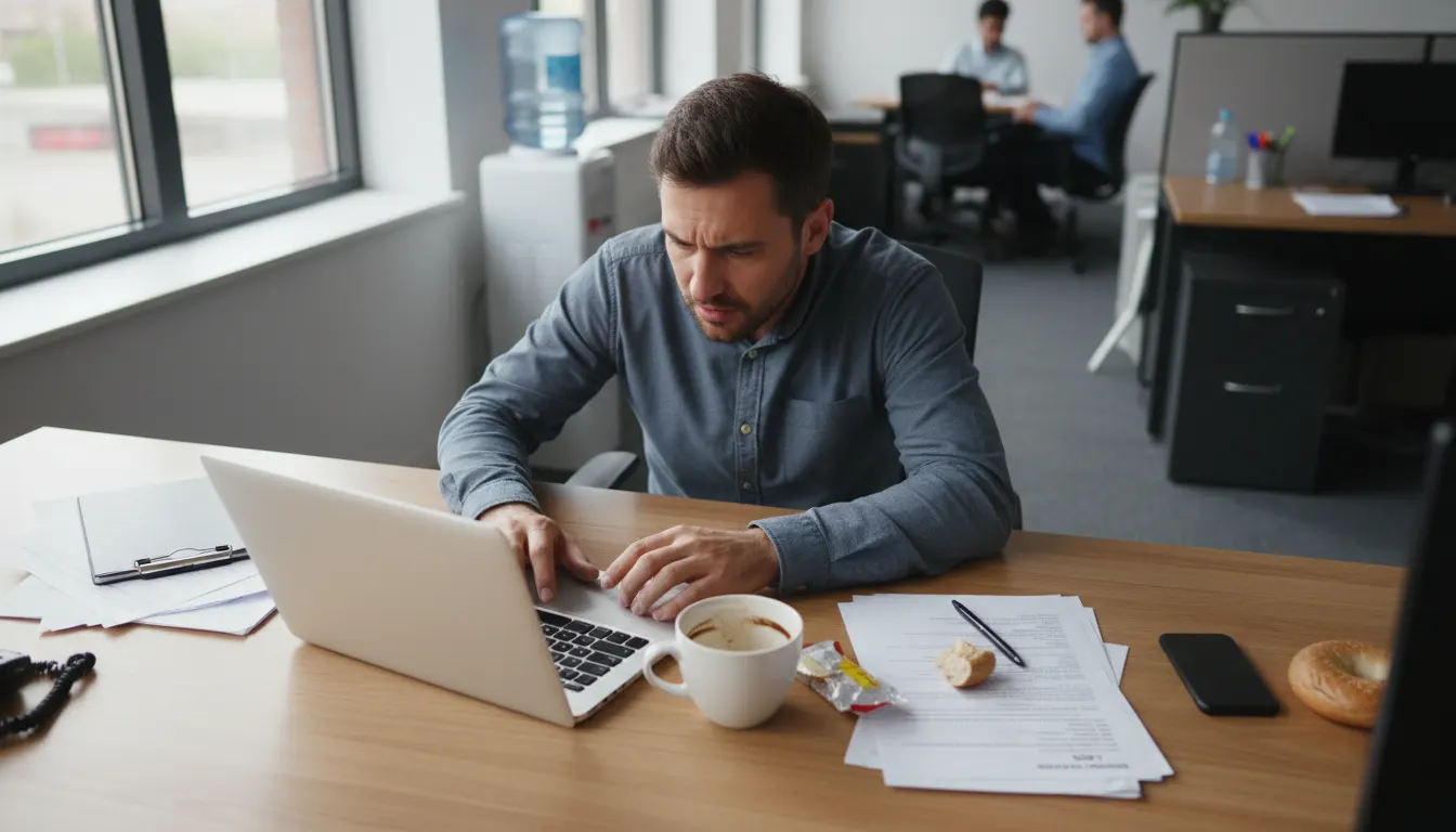 Overhead shot of exhausted professional at desk mid-morning, empty coffee cup beside laptop, face showing fatigue and frus...