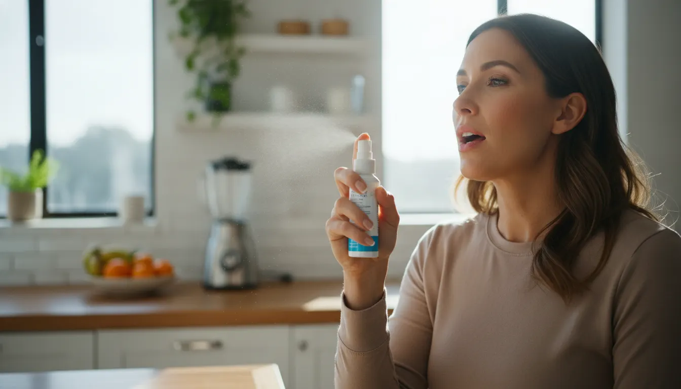 A health-conscious adult in a bright, modern kitchen or home setting, holding a throat spray bottle mid-spray with a calm,...