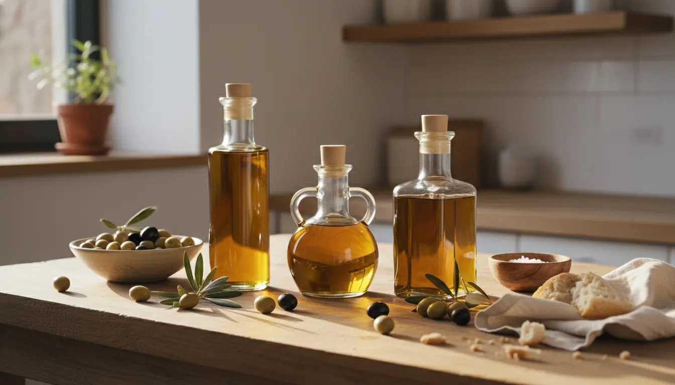 Bright, sun-drenched Mediterranean kitchen counter with three distinct bottles of olive oil catching golden afternoon ligh...