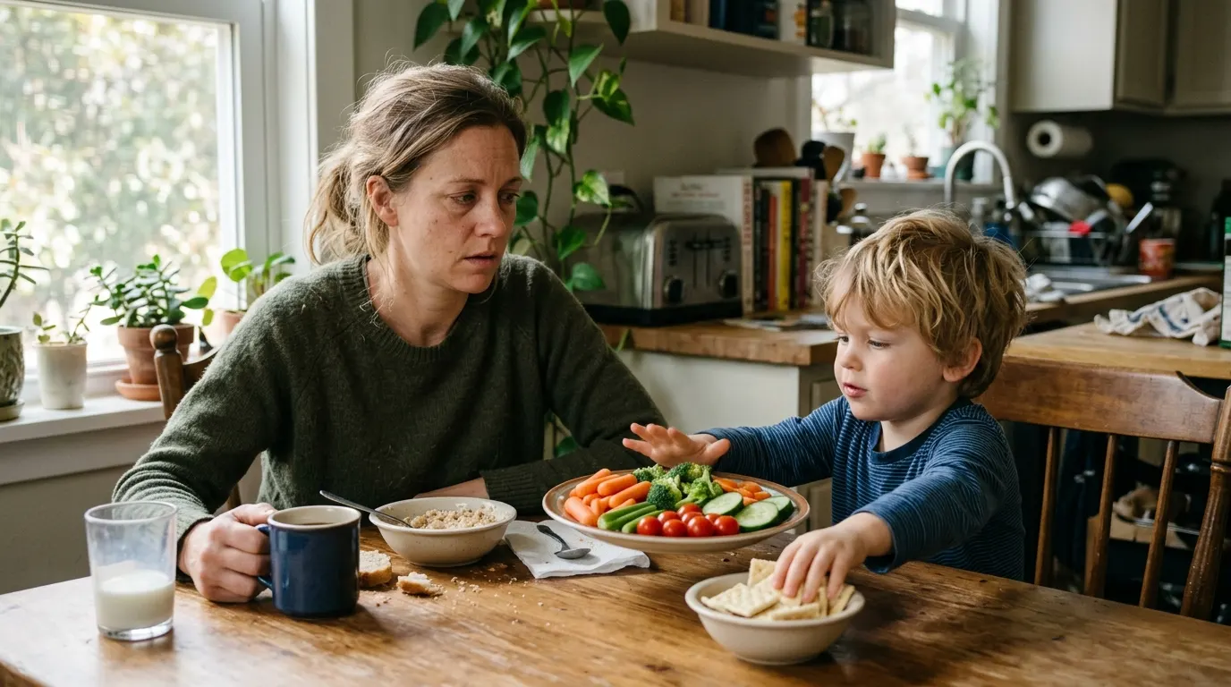 A parent with their young child at a kitchen table during breakfast, morning natural window light streaming from the left....