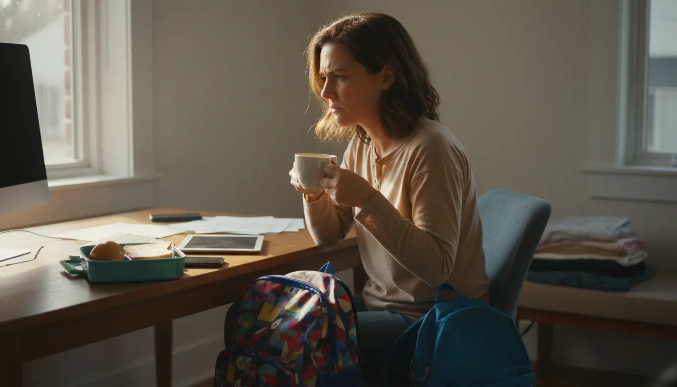 Busy professional woman at home desk at 10:47am, second coffee cup in hand, slightly frazzled expression, morning chaos vi...