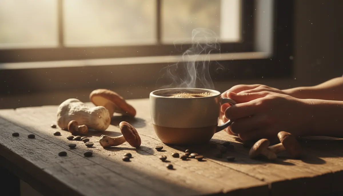 morning coffee ritual scene with steaming mushroom coffee cup on wooden table, fresh mushrooms and coffee beans scattered ...