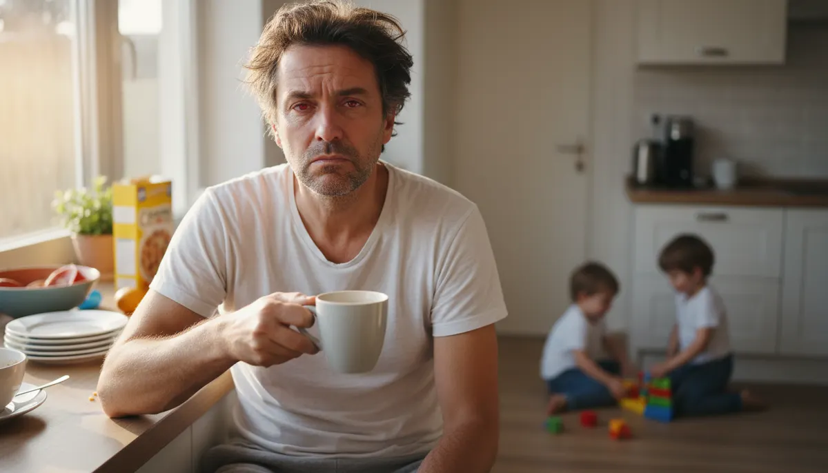 Exhausted middle-aged father in kitchen morning, holding empty coffee cup, looking tired and frustrated while children pla...