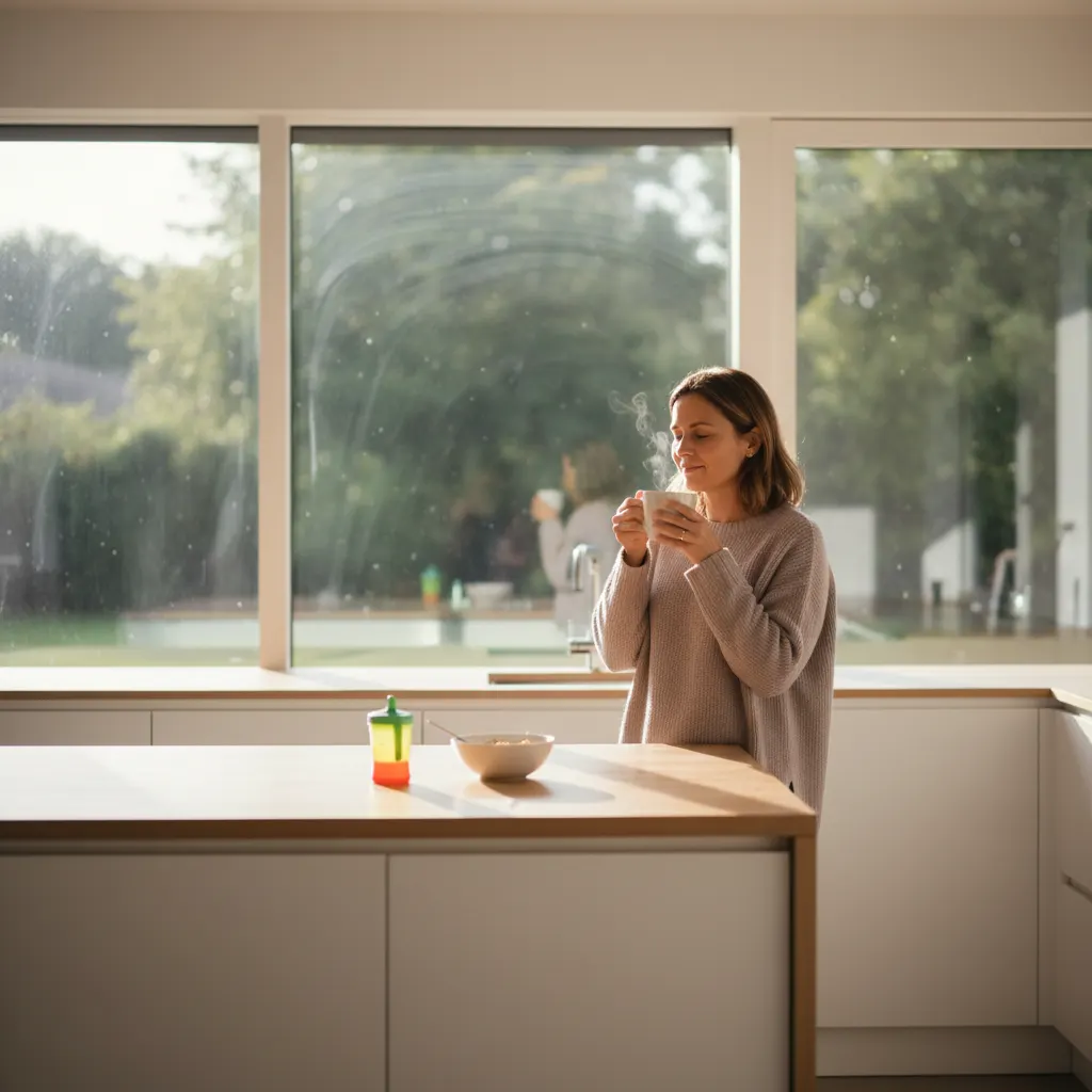 photo of a person starting their morning routine, warm natural window light, holding a mug, peaceful and focused energy. ,...