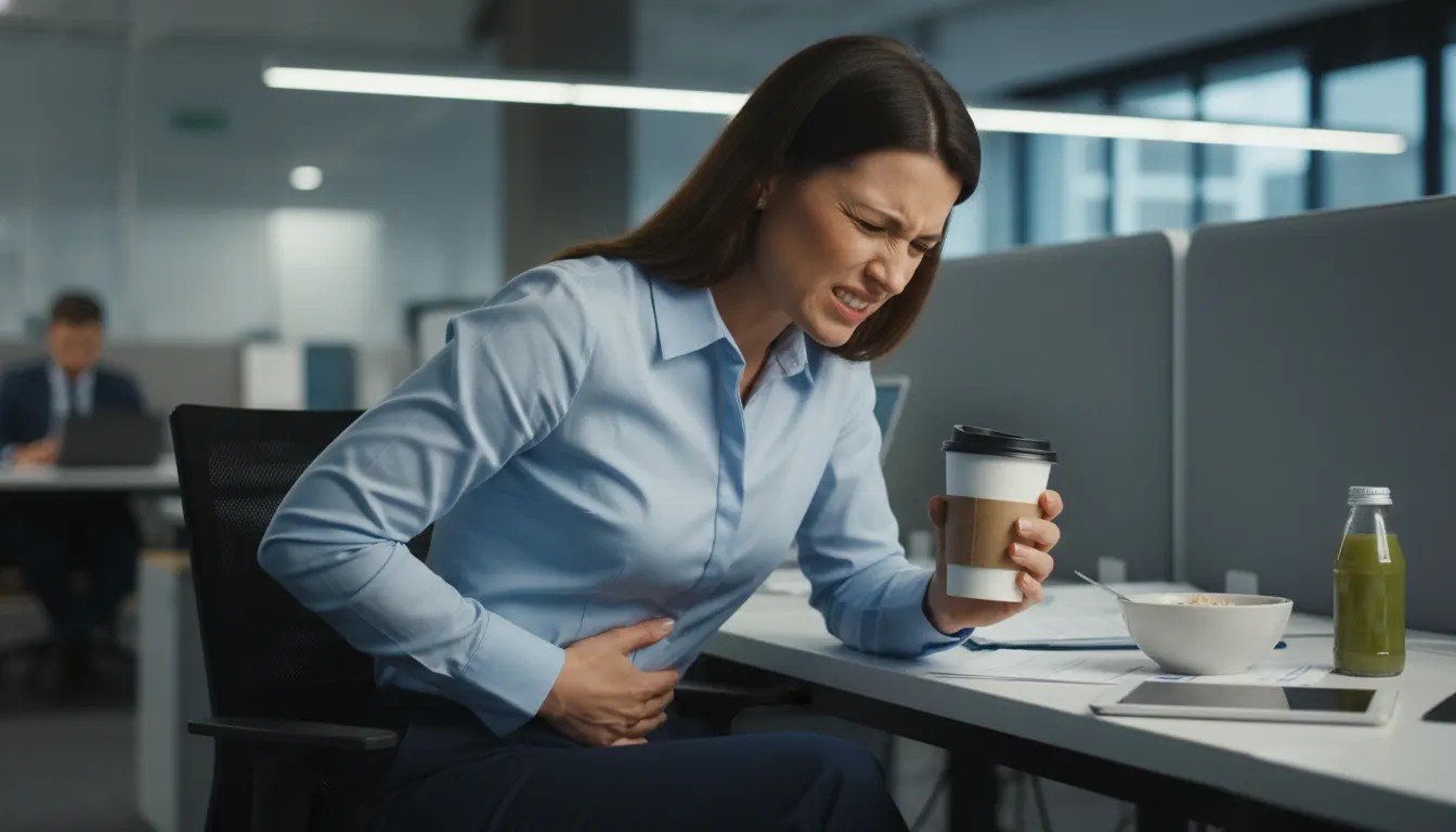 A health-conscious professional at a desk mid-morning, holding their stomach with one hand and a coffee cup with the other...