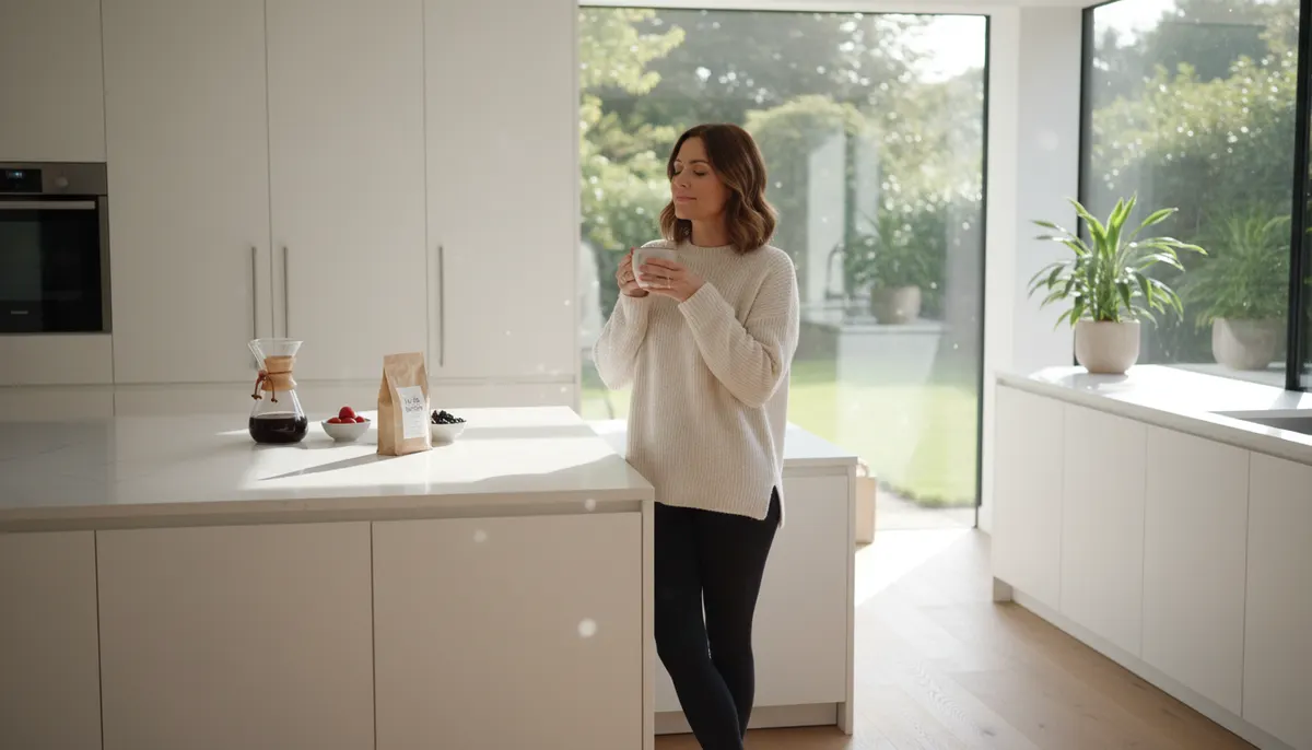 Health-conscious professional woman in modern bright kitchen enjoying morning coffee ritual, natural sunlight streaming th...