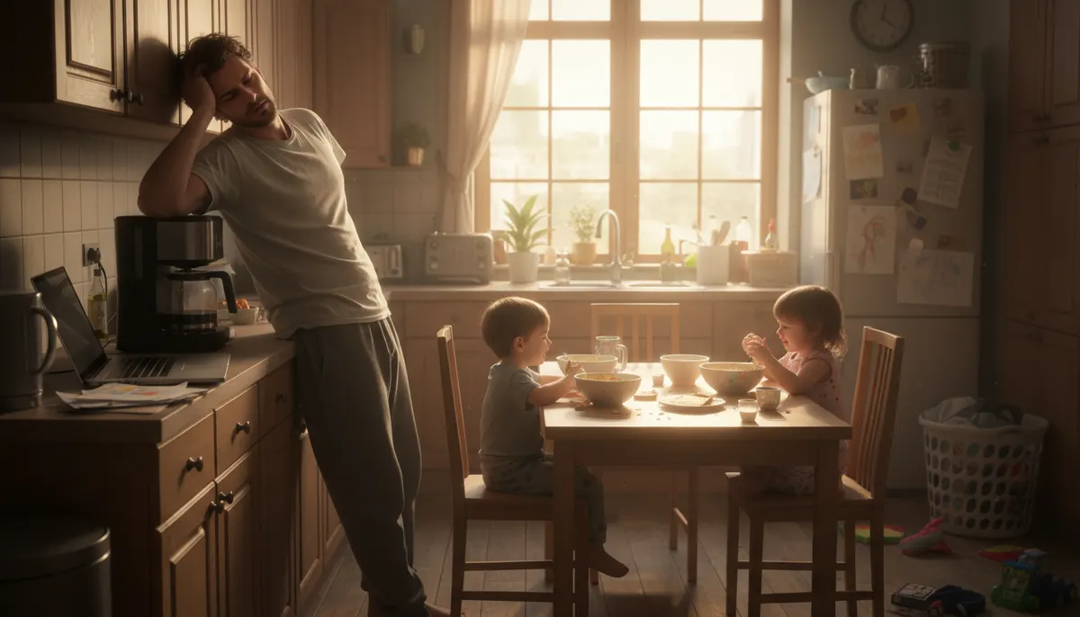 Exhausted father in morning kitchen making coffee while young children eat breakfast, showing fatigue and stress balancing...