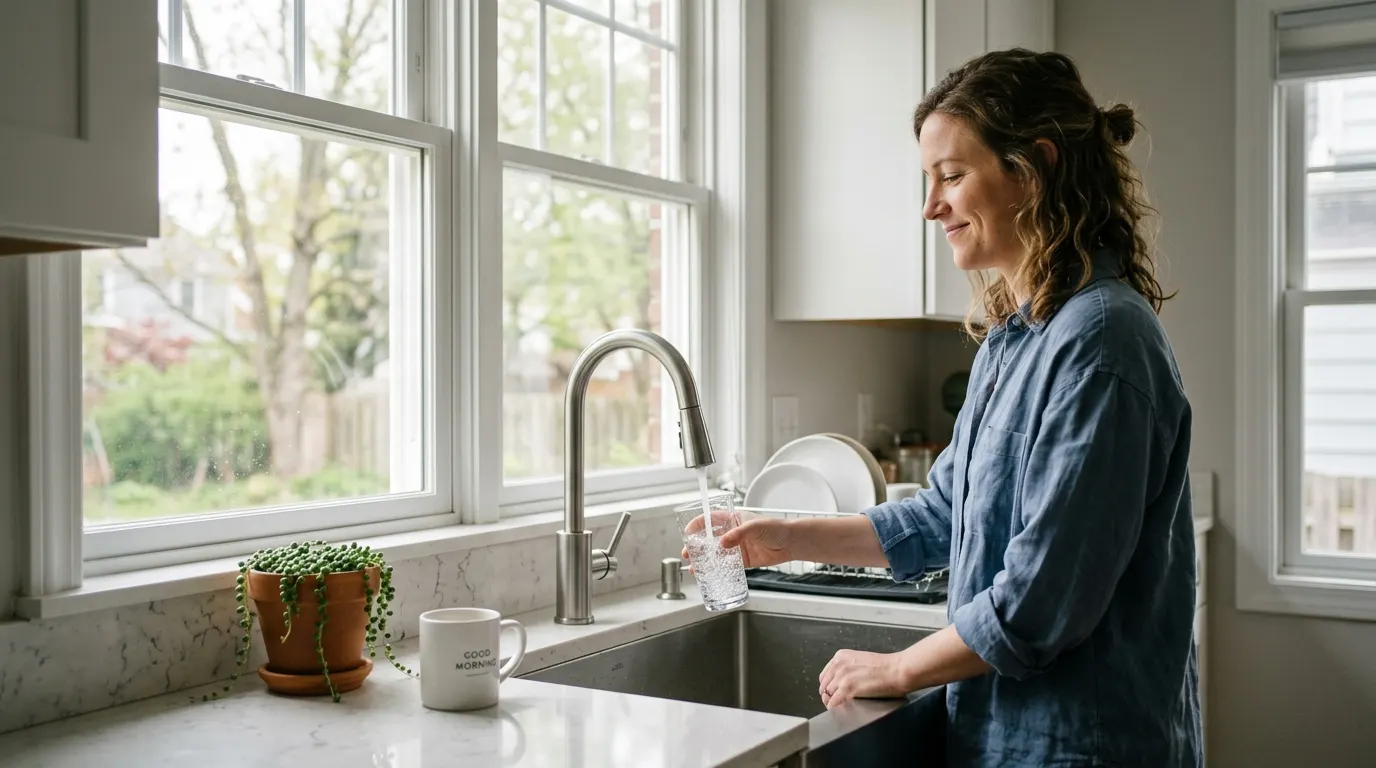 An adult aged 25–44 standing at a bright kitchen sink in mid-morning natural light, filling a clear glass from the tap, re...
