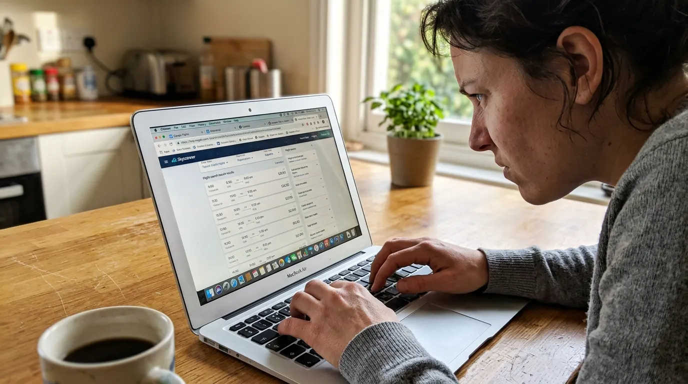 A person's hands gripping a laptop keyboard, leaning forward at a kitchen table in afternoon light, multiple browser tabs ...
