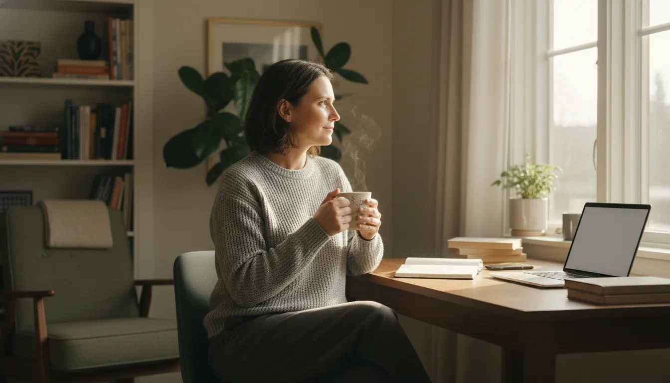 A burned-out professional in their home office, holding a warm mug of coffee, looking calm and focused mid-morning, soft n...