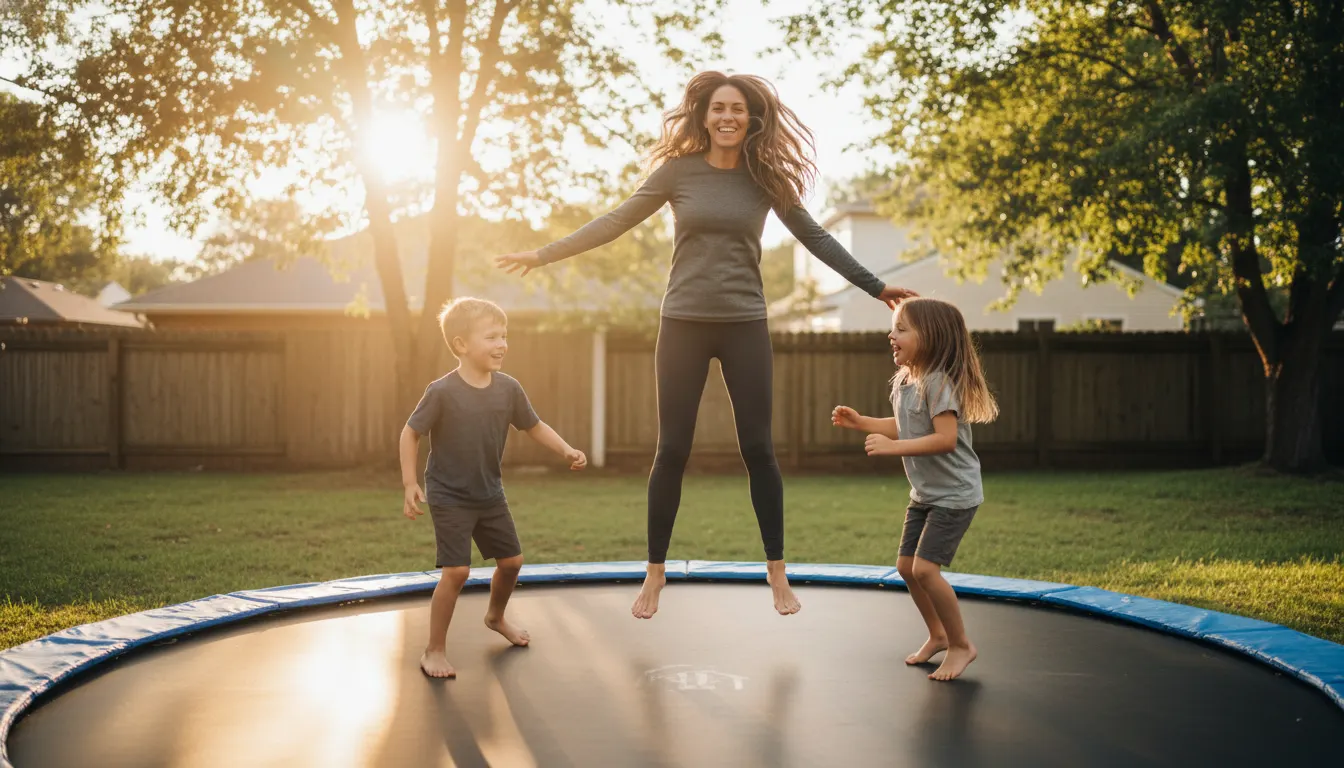 An active mom in her mid-40s, energized and youthful, playing on a backyard trampoline with her kids mid-jump, natural sun...