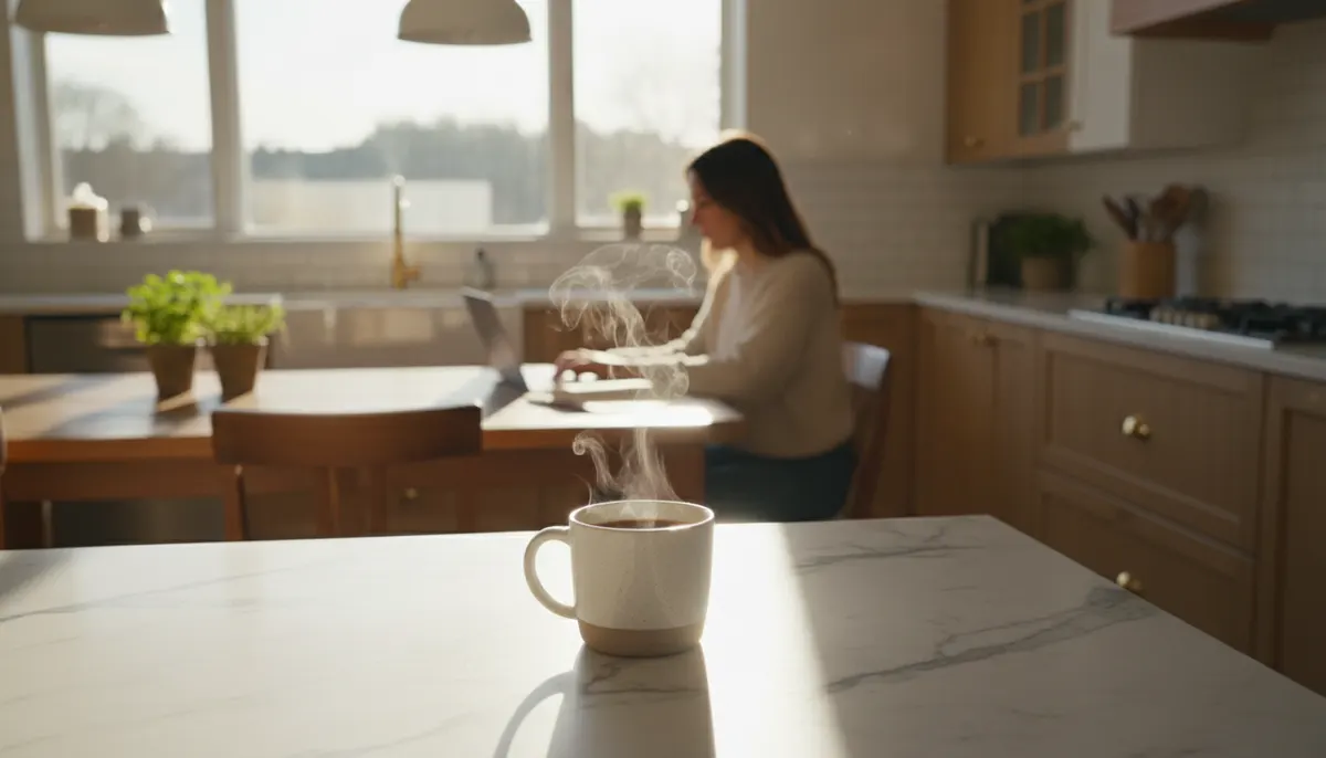 Serene morning kitchen scene with steaming mug of coffee on marble counter, soft golden sunlight streaming through window,...