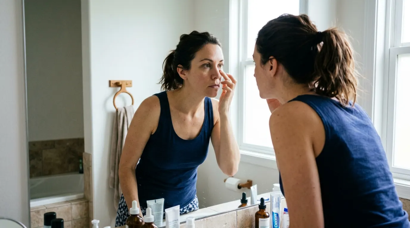 A woman in her late 30s examining her face in a bright bathroom mirror, early morning natural window light from the side, ...