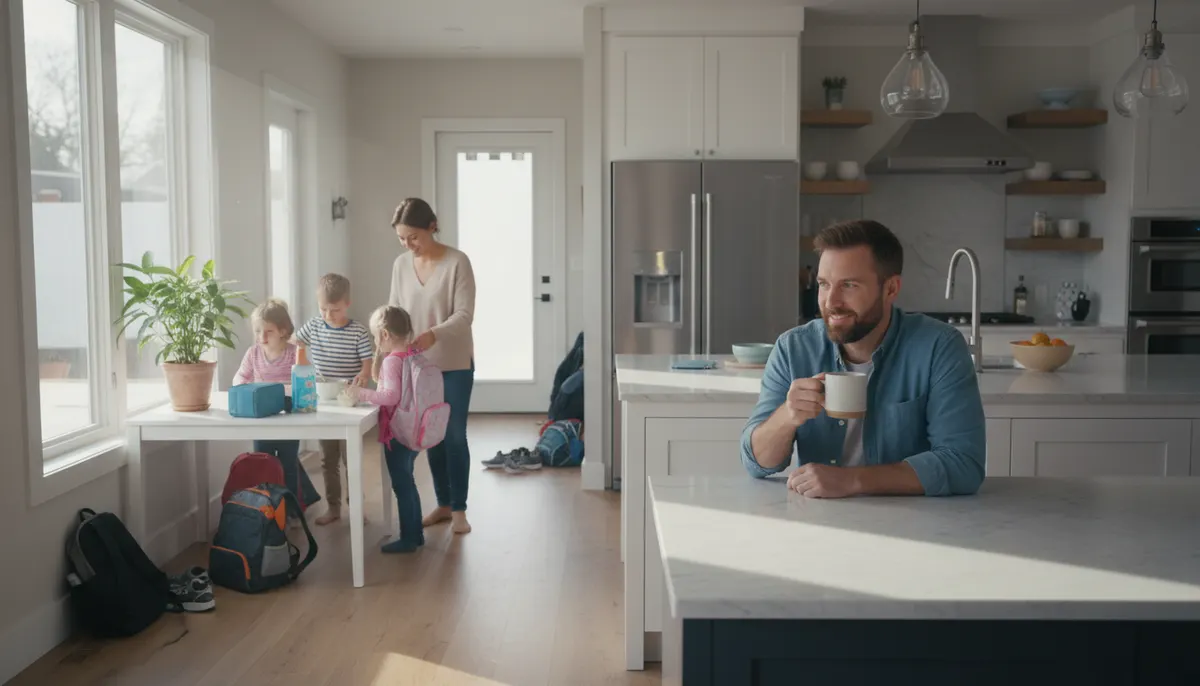 Busy father in modern kitchen having morning coffee while wife and children prepare for school day in background, natural ...