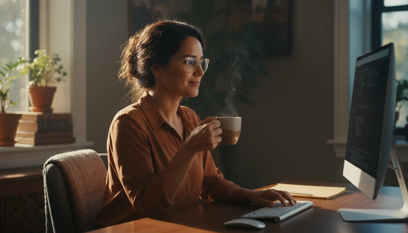 A busy professional in their late 30s sitting at a desk mid-morning, holding a warm mug, looking calm and focused with ste...
