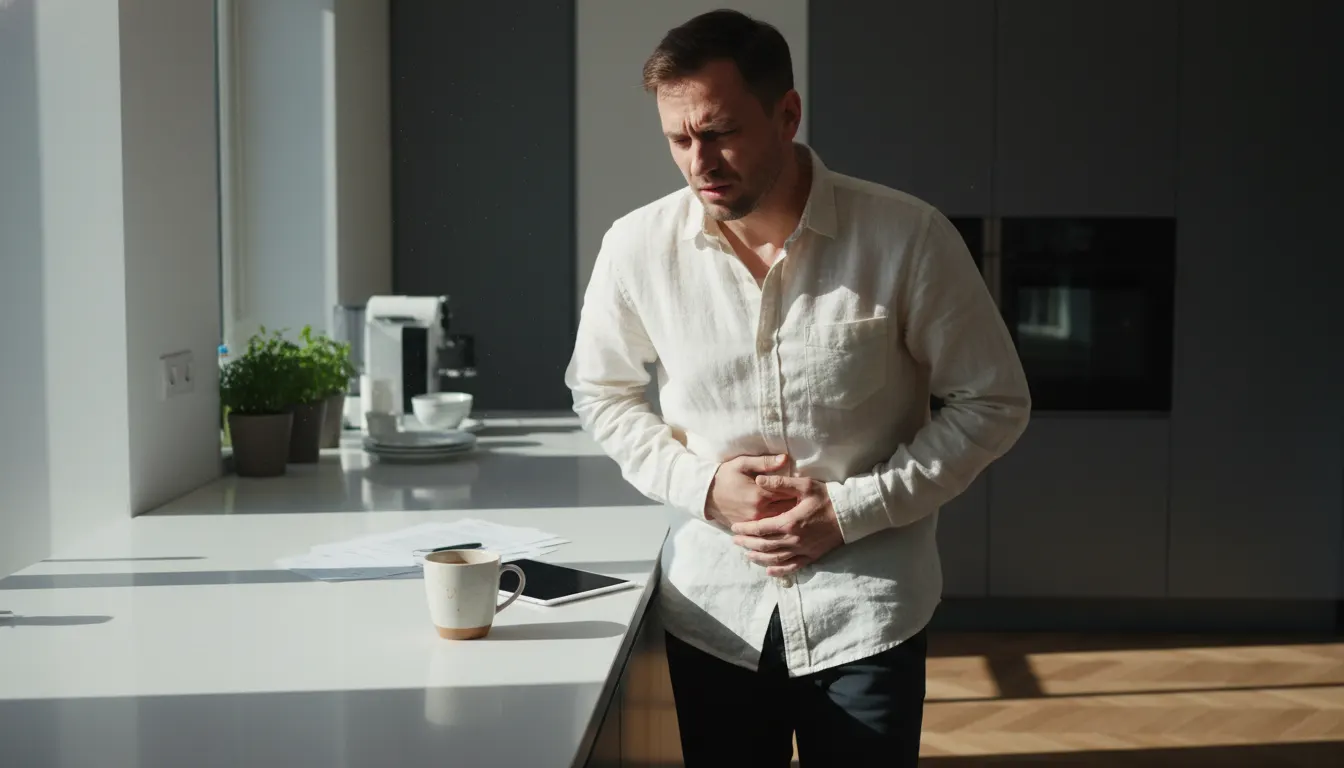 A professional at a bright kitchen counter mid-morning, holding their stomach in visible discomfort, half-empty regular co...