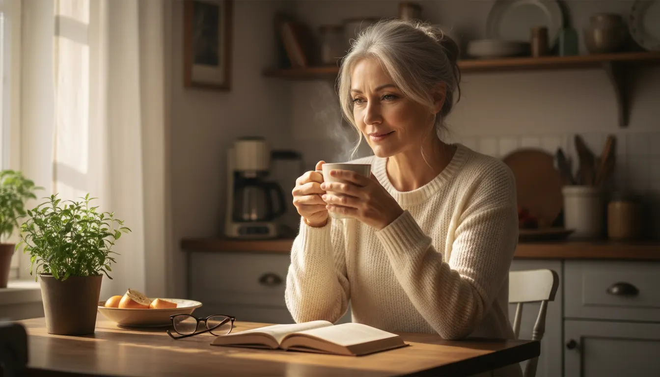 A woman over 50 sitting at her kitchen table in morning light, holding a warm mug of coffee, looking calm and focused with...