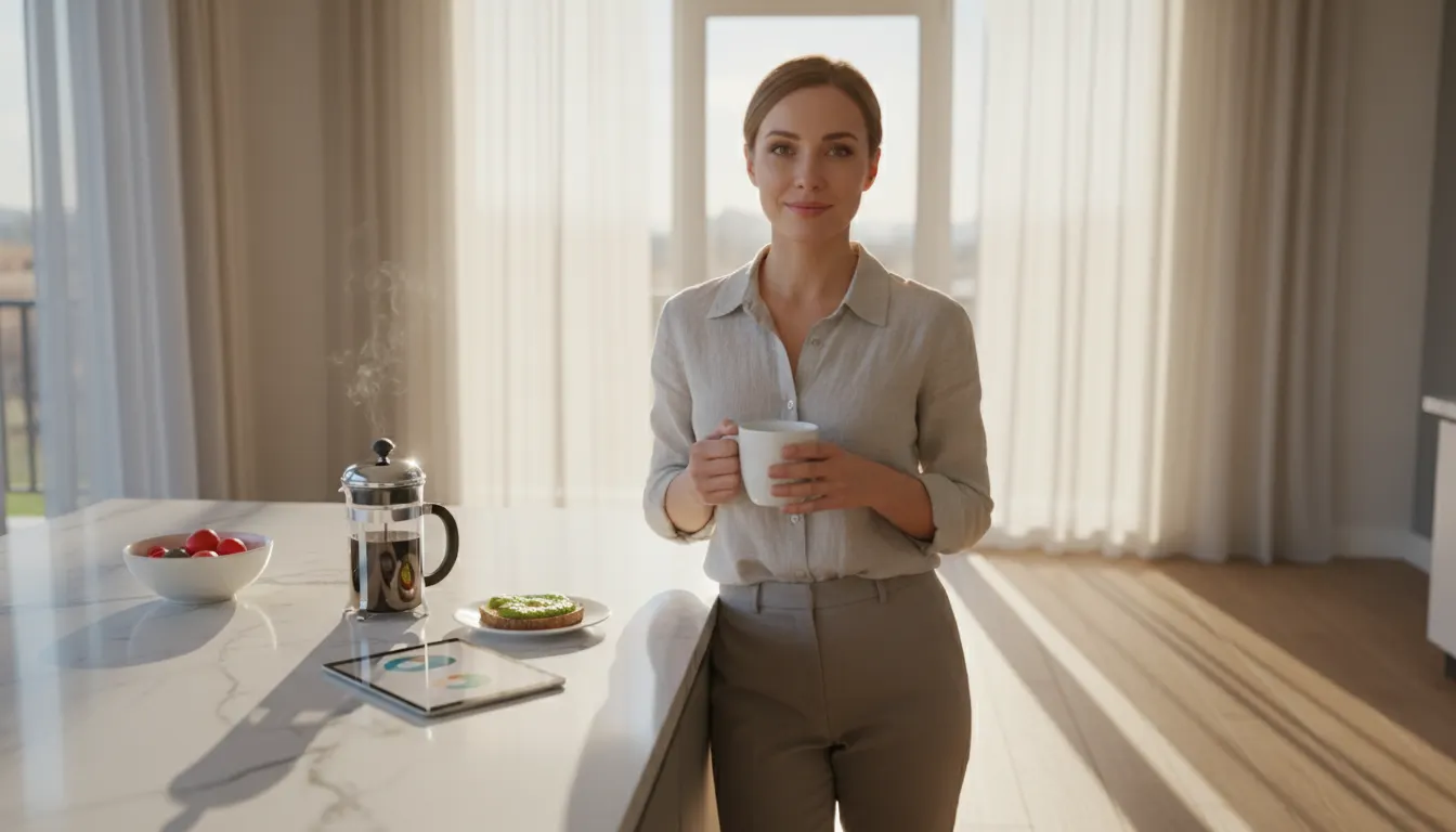 A health-conscious professional at a bright kitchen counter mid-morning, holding a steaming coffee cup with a subtle expre...