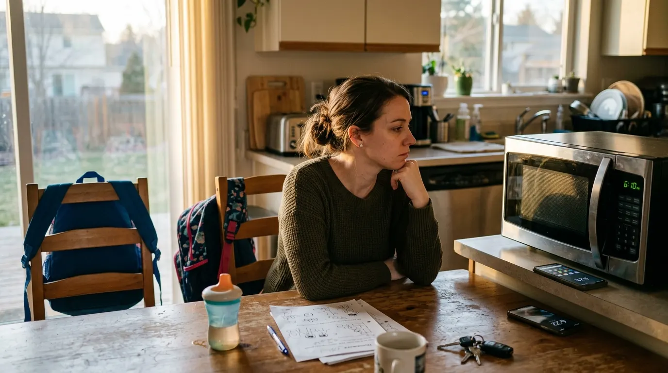 A woman in her late twenties sitting at a kitchen table at 6:10 PM, staring at the microwave clock with a tired but alert ...