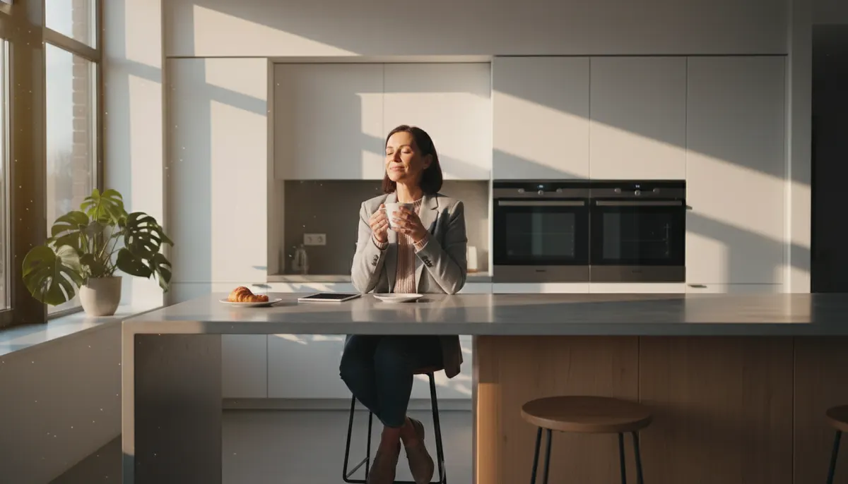 Busy professional parent enjoying peaceful morning coffee in modern kitchen with natural sunlight streaming through window...
