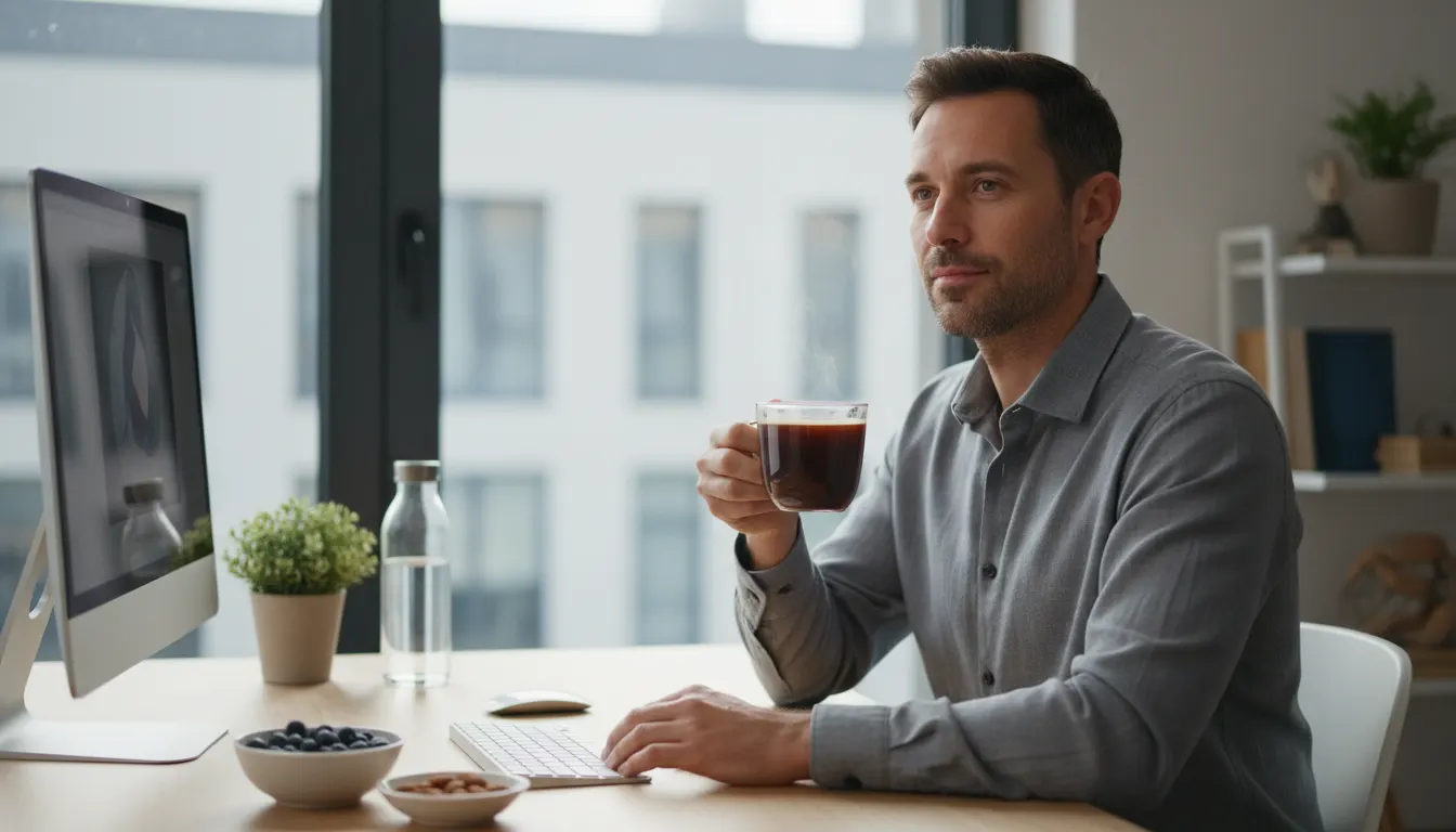 Health-conscious professional mid-morning at desk, holding warm mug of rich brown coffee, looking alert and calm with stea...
