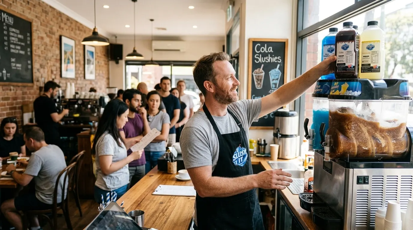 An Australian café owner standing behind the counter during a busy Saturday lunch service, sunlight streaming through the ...