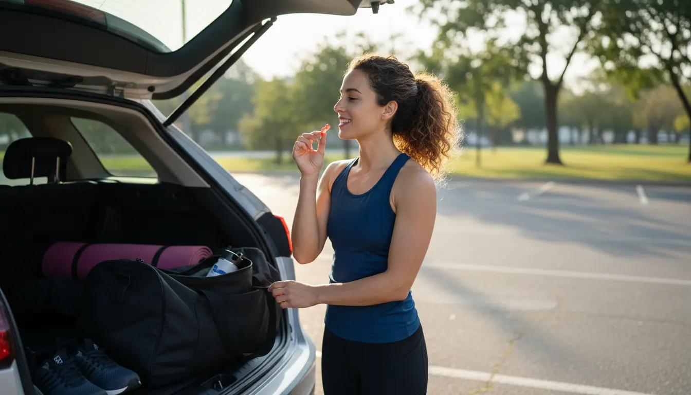 Active gym-goer reaching into gym bag at car trunk in morning light, holding a single gummy with satisfied expression, can...