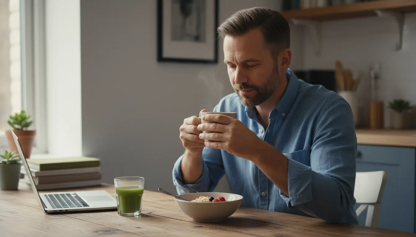 A health-conscious professional age 30-45 at their kitchen table mid-morning, holding a warm mug of coffee with a calm, fo...