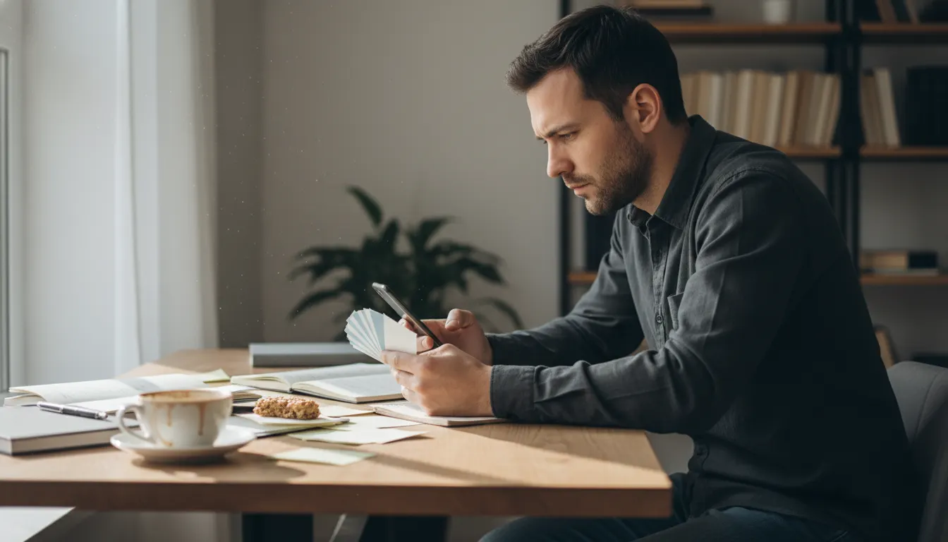 An entrepreneur at a conference, holding business cards and looking thoughtfully at their phone two months later, sitting ...
