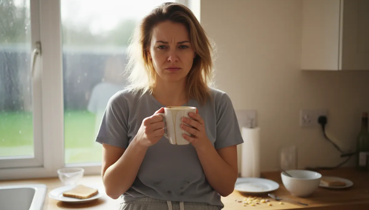 Exhausted woman in kitchen at morning, holding empty coffee cup with frustrated expression, natural window lighting, candi...