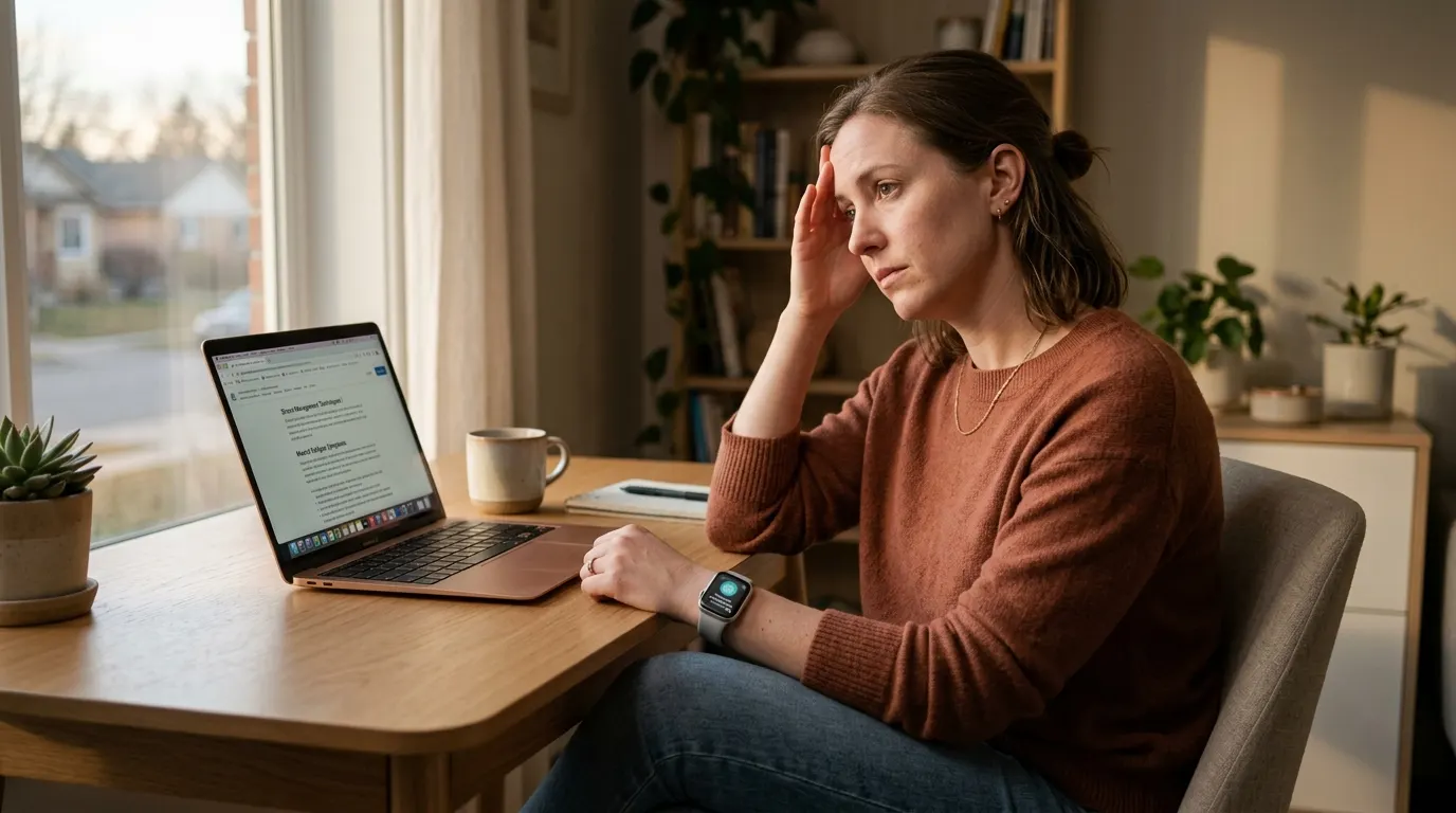 A woman in her early 30s sits at a minimalist desk in late afternoon light, shoulders slightly hunched, hand pressed to he...