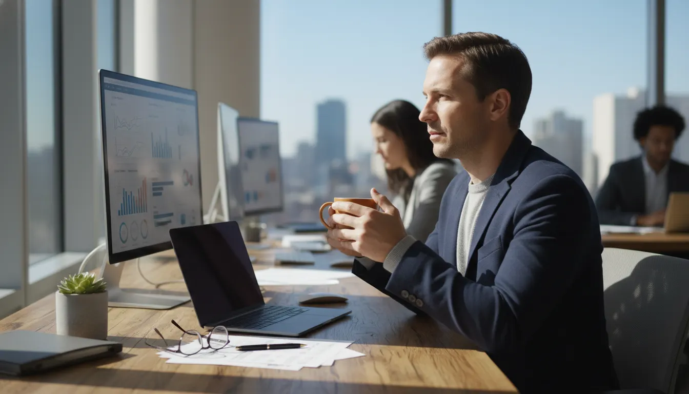A busy professional at their desk mid-morning, holding a warm mug of coffee, looking focused and calm with natural window ...