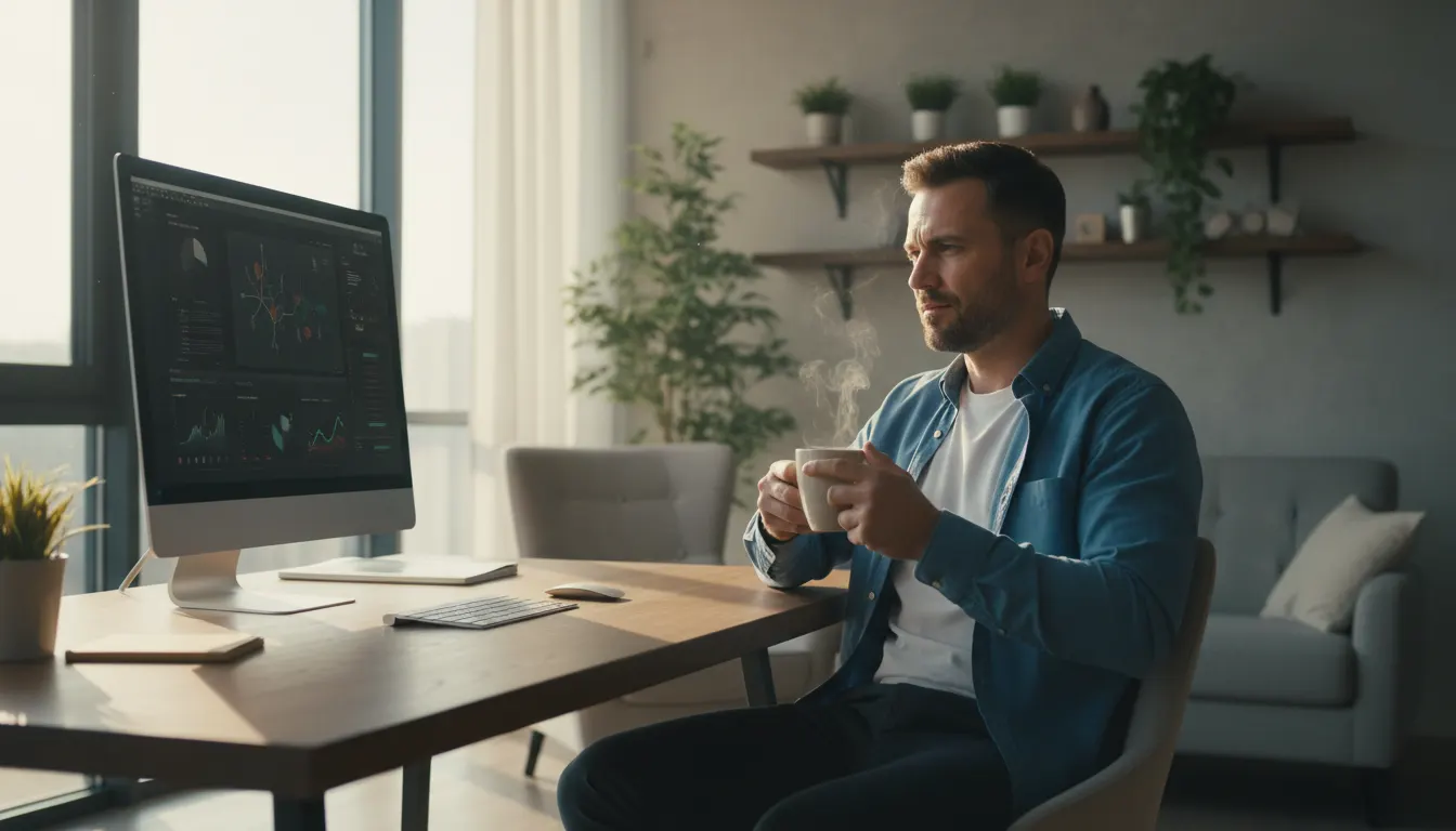 Professional man in modern home office at dawn, holding steaming coffee mug, morning light streaming through window, alert...