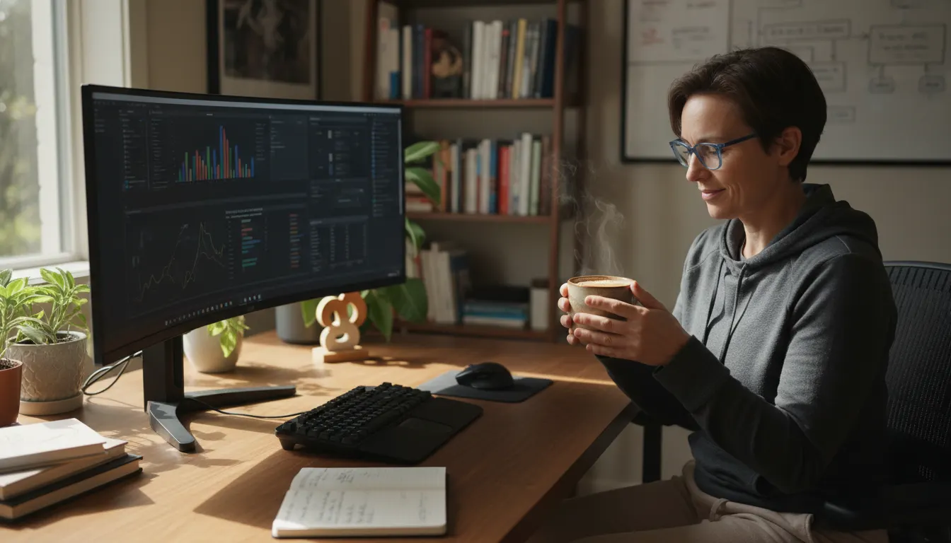 A function-focused professional at their desk mid-morning, holding a warm mug of mushroom coffee, calm and focused express...