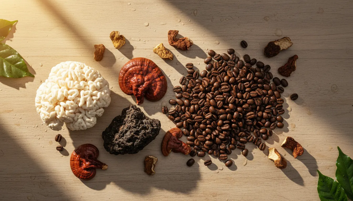 Overhead flat lay of premium mushroom coffee ingredients—whole lion's mane, reishi, and chaga mushrooms alongside roasted ...