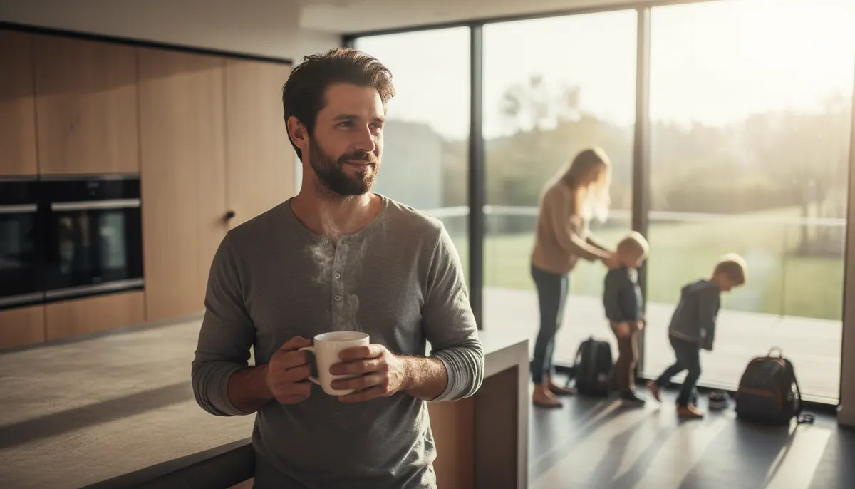 Professional 35-year-old in modern home office at 7am, holding ceramic mug of dark coffee, sunlight streaming through wind...
