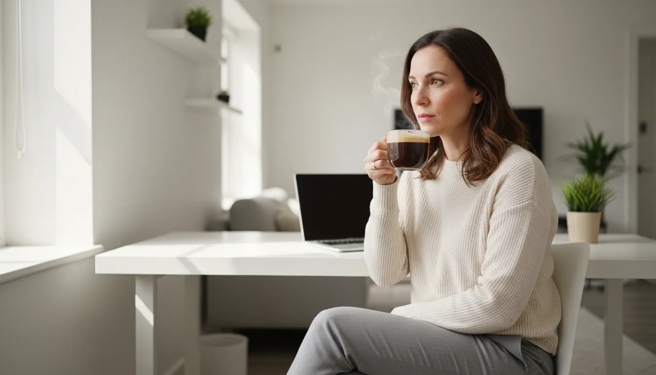 Professional woman in her 30s at a bright, minimalist home office, mid-morning, holding a steaming mug of dark coffee with...