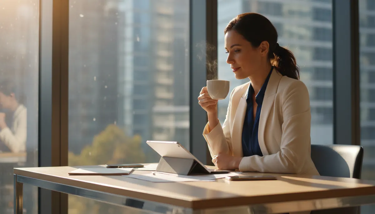 Professional busy female executive at modern desk with steaming mug of coffee, natural morning light through window, focus...