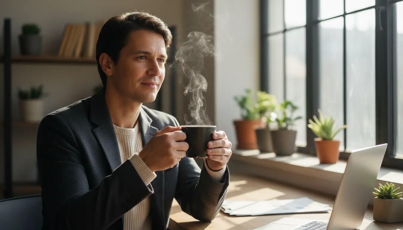 A professional in their 30s–50s at a desk mid-morning, holding a steaming mug of dark coffee with clear focus and calm ale...