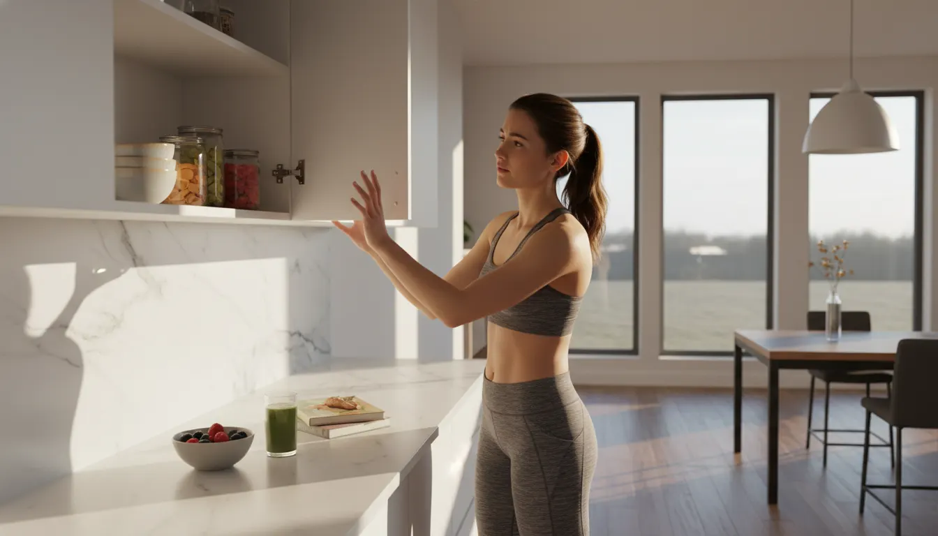 A health-conscious person in a bright, modern kitchen pausing before reaching into a cabinet, hand mid-gesture, mid-aftern...