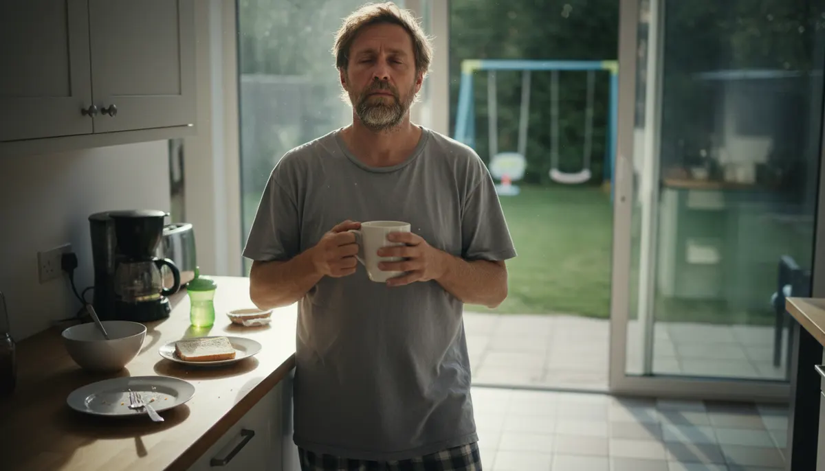 Exhausted father in kitchen at morning counter, holding coffee mug with tired expression, natural window light, candid pho...