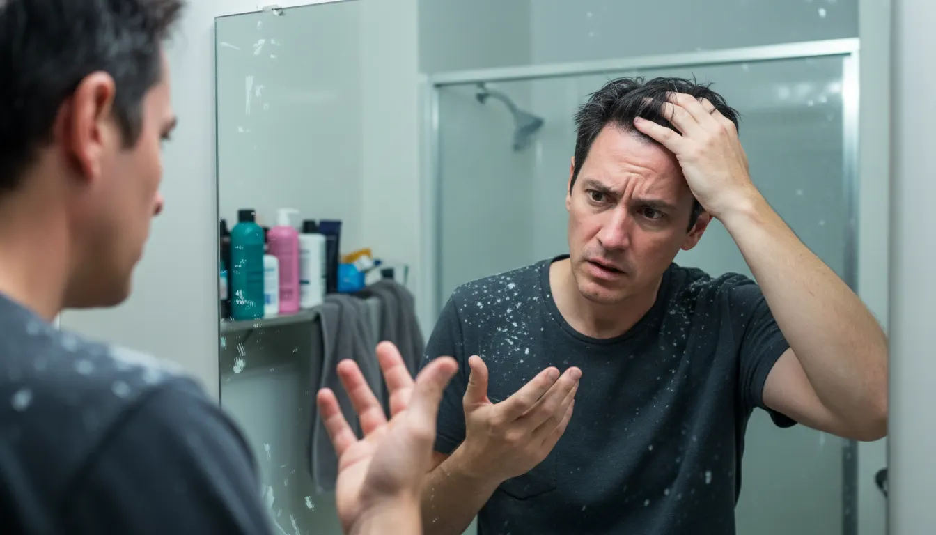 A skeptical adult examining their scalp in a bathroom mirror under bright, clinical lighting, frustrated by visible dandru...