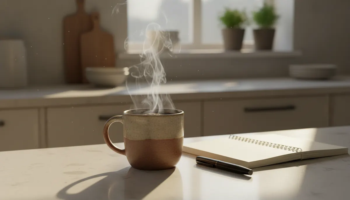Steaming cup of mushroom coffee on bright kitchen counter in morning sunlight, with notebook and pen nearby, warm , , or l...