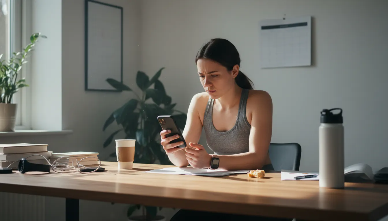 A fitness-conscious woman in her late twenties checking her phone mid-morning in a bright home office, looking fatigued an...