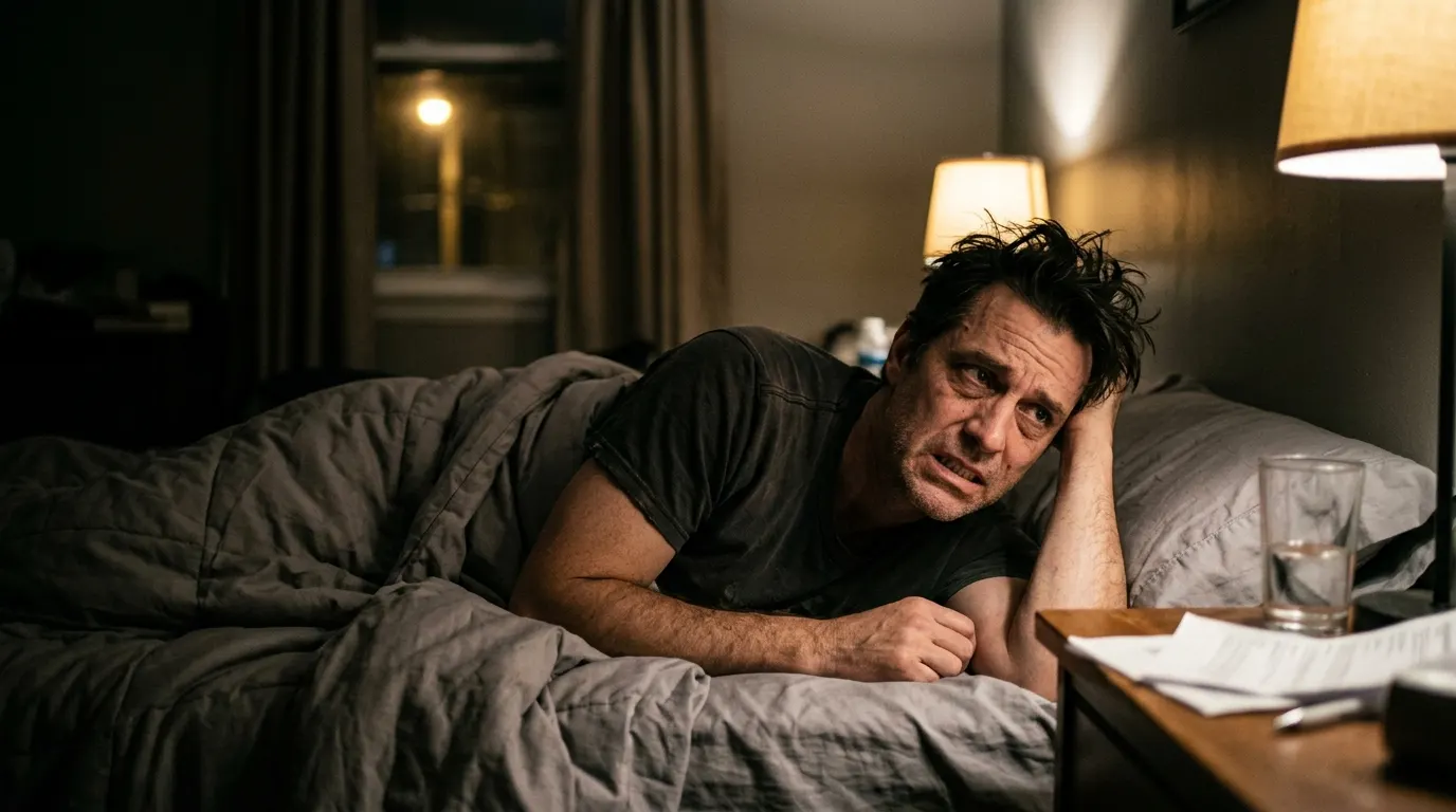 A man in his late 40s, alone in bed at night, looking exhausted and restless, jaw slightly tensed, dim warm bedroom lighti...