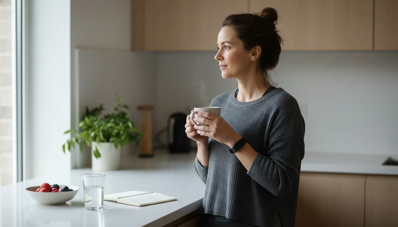 A health-conscious professional in their 30s-40s at a bright morning kitchen counter, holding a warm mug of dark coffee, l...
